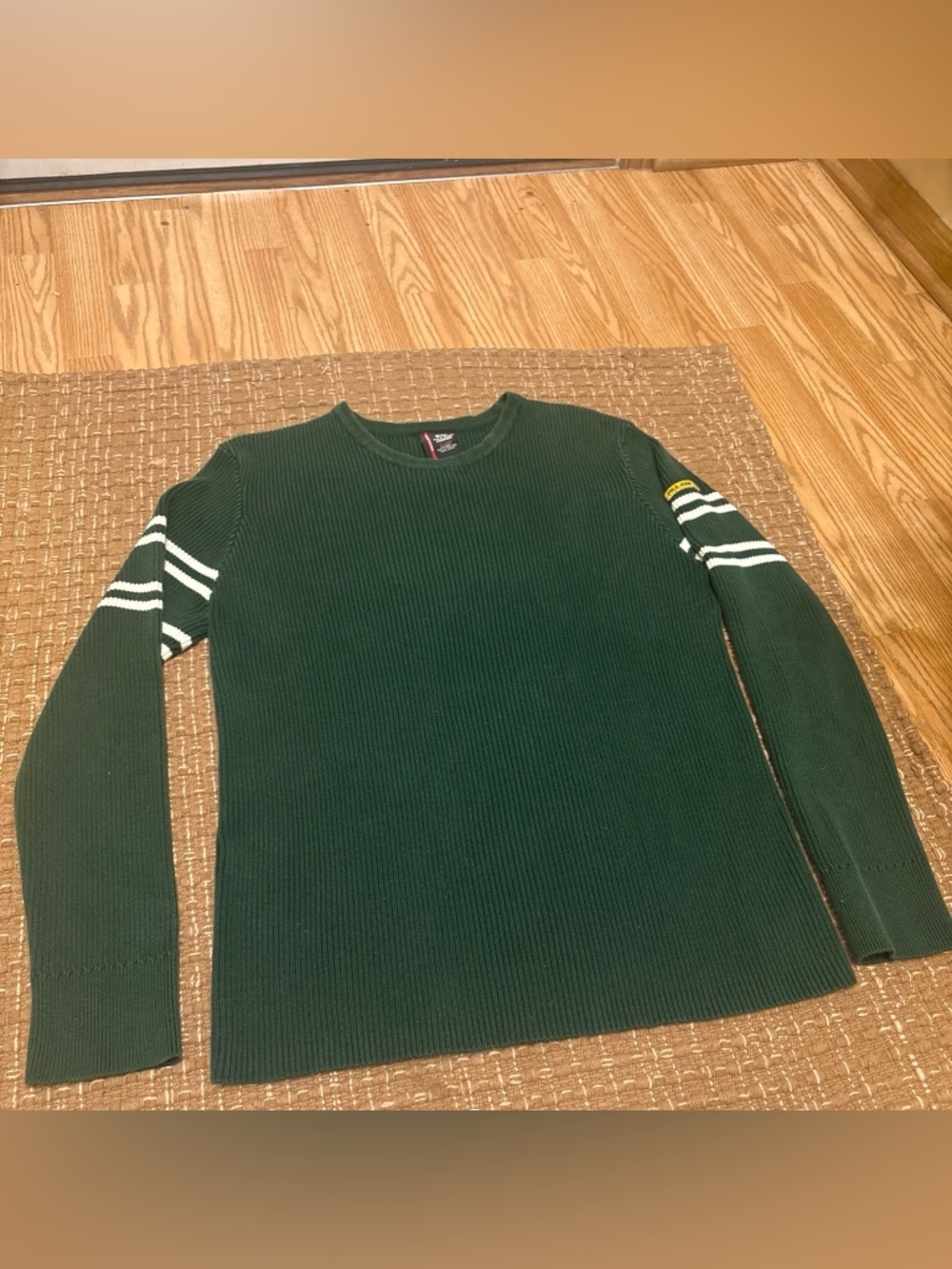 Men's Dark Green Ribbed Crewneck Sweater with Sleeve Stripe Detail